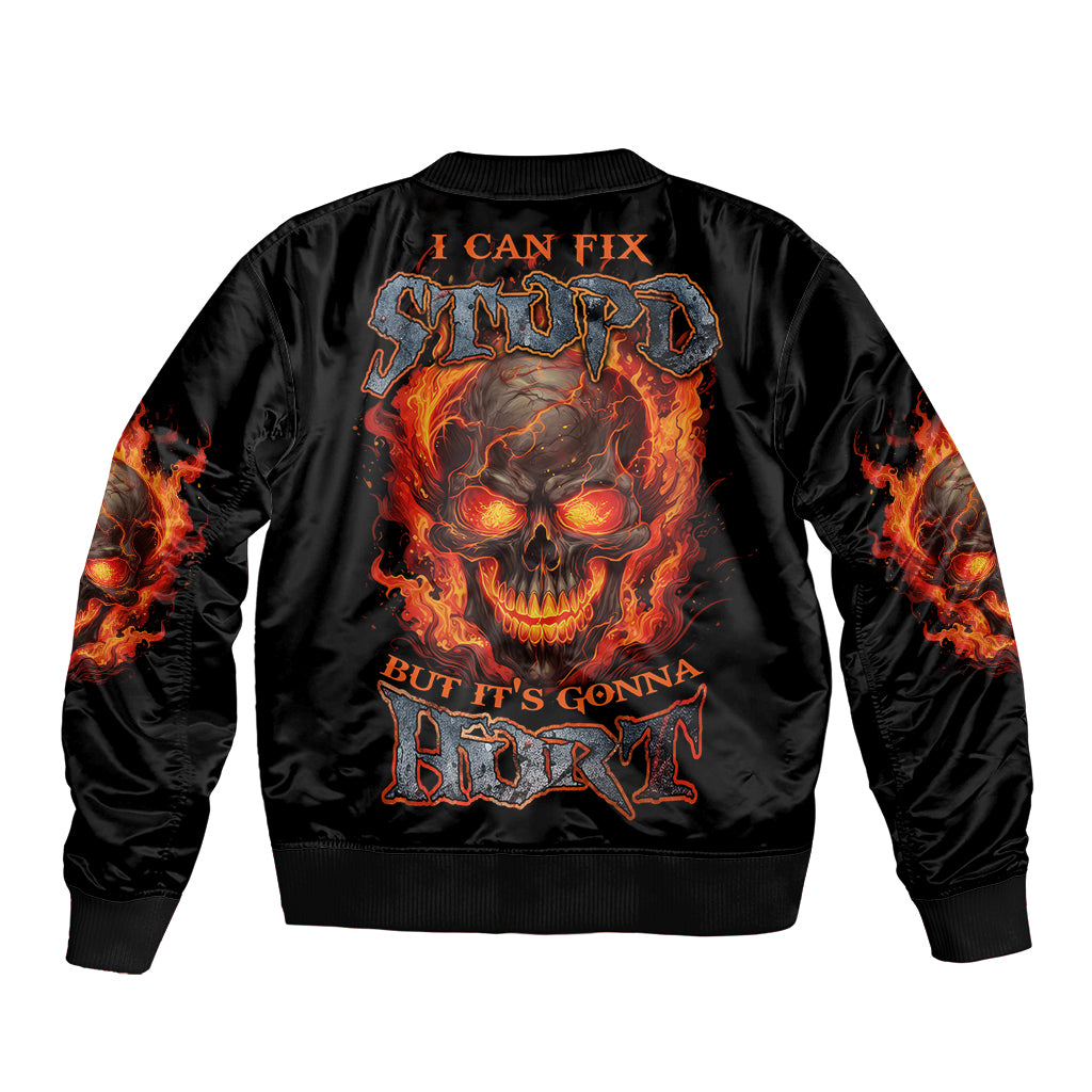 Black bomber jacket with flame skull back graphic, ribbed collar and cuffs
