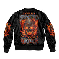 Black bomber jacket with flame skull back graphic, ribbed collar and cuffs