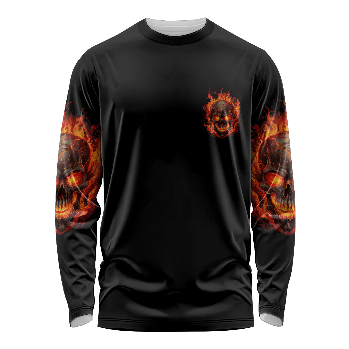 Black long-sleeve shirt with small flaming skull on chest and fiery sleeve art