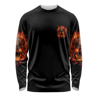 Black long-sleeve shirt with small flaming skull on chest and fiery sleeve art