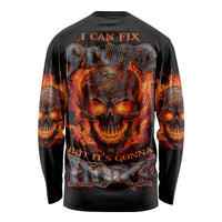 Black long-sleeve shirt with flaming skull graphic on back and bold slogan text