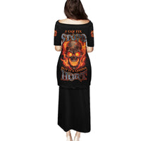 Black long dress with fiery skull graphic on back, short sleeves, crew neck