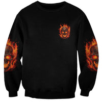 Unisex black sweatshirt with small flaming skull on back and flame sleeve prints