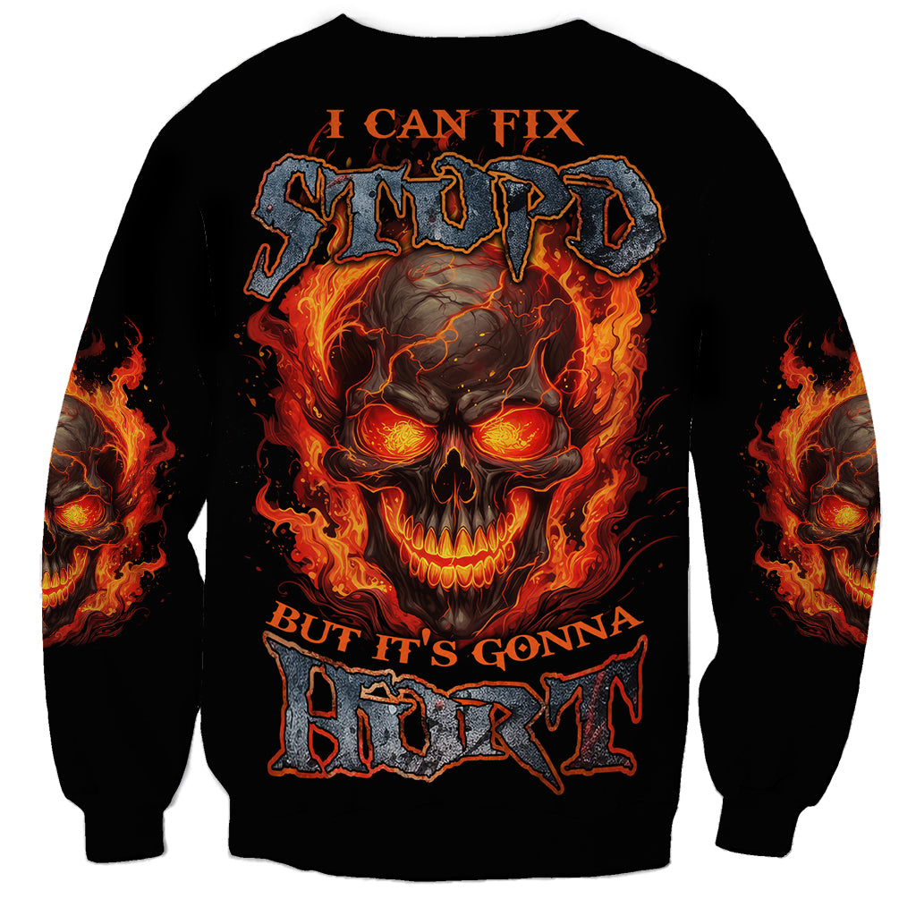 Unisex black sweatshirt with flaming skull graphic and slogan text, long sleeves
