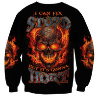 Unisex black sweatshirt with flaming skull graphic and slogan text, long sleeves