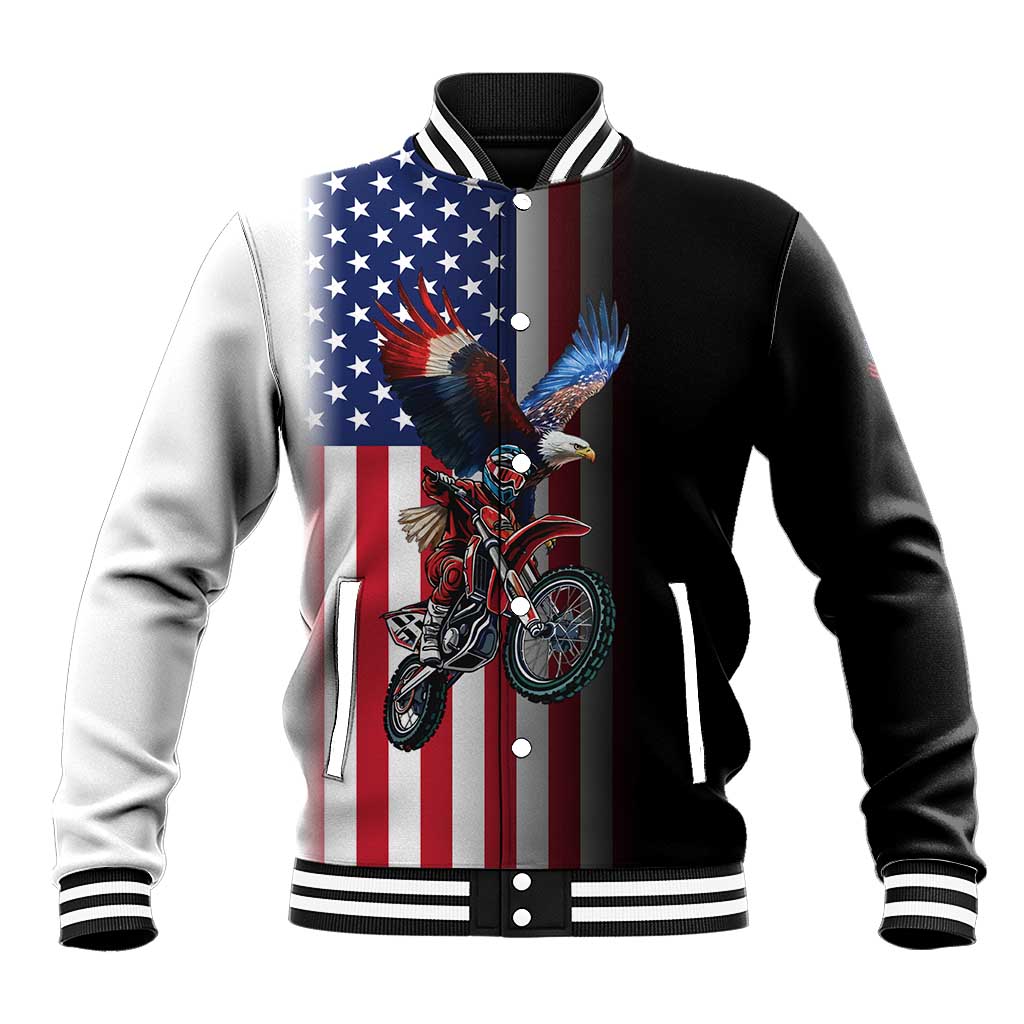 Custom Patriotic Eagle Motocross Baseball Jacket with American Flag and Rider Design - Wonder Print Shop