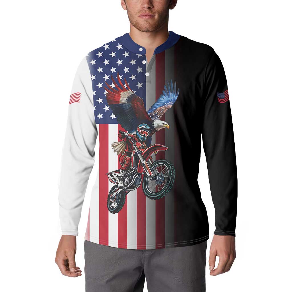 Custom Patriotic Eagle Motocross Button Sweatshirt with American Flag and Rider Design - Wonder Print Shop