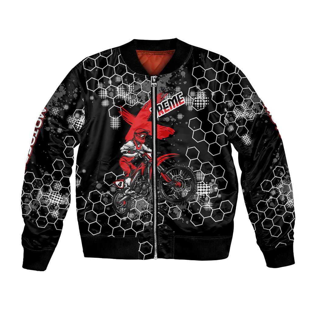 Custom Motocross Dirt Bike Bomber Jacket with Red Rider and Honeycomb Grunge Design - Wonder Print Shop