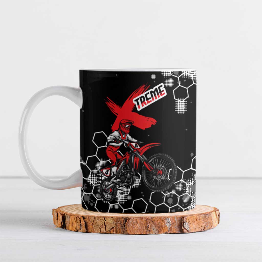 Custom Motocross Dirt Bike Ceramic Mug with Red Rider and Honeycomb Grunge Design - Wonder Print Shop