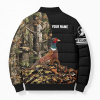 Custom Pheasant Hunting Bomber Puffer Jacket with Woodland Forest Scene and Autumn Foliage Pattern - Wonder Print Shop