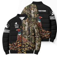 Custom Pheasant Hunting Bomber Puffer Jacket with Woodland Forest Scene and Autumn Foliage Pattern - Wonder Print Shop