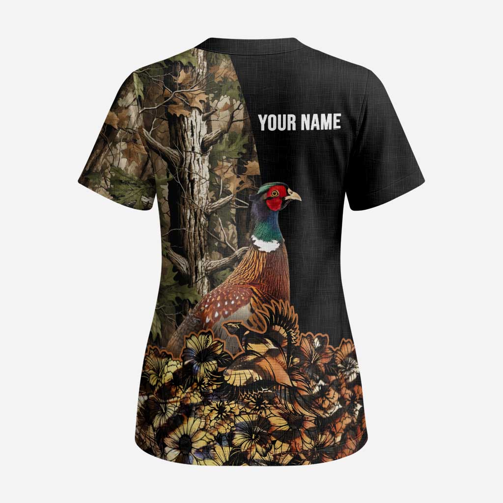 Custom Pheasant Hunting Scrub Top with Woodland Forest Scene and Autumn Foliage Pattern - Wonder Print Shop