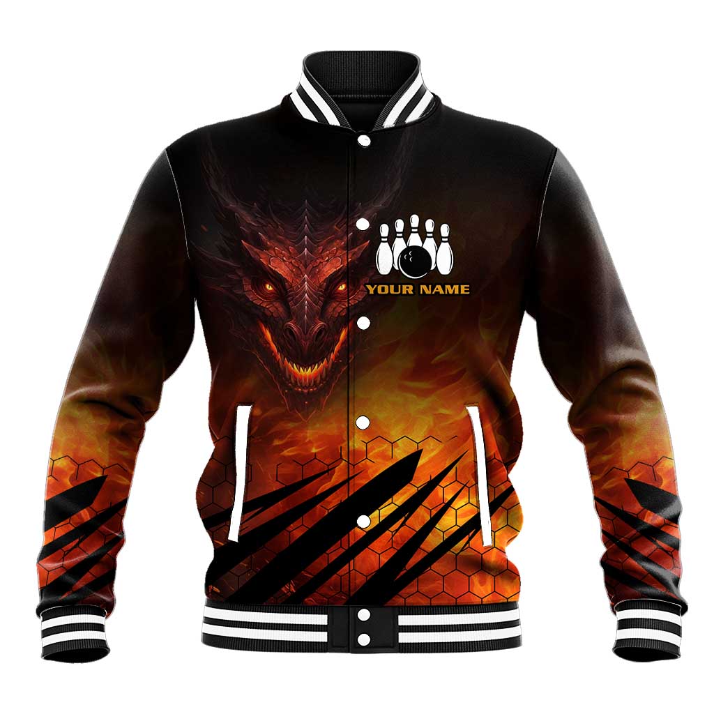 Custom Fiery Dragon Bowling Baseball Jacket with Flaming Ball and Hexagon Flame Pattern - Wonder Print Shop