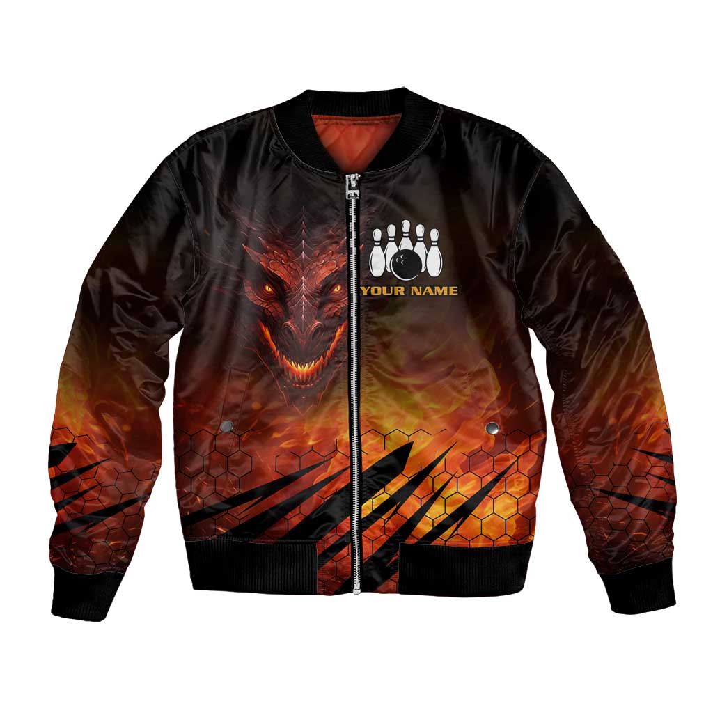 Custom Fiery Dragon Bowling Bomber Jacket with Flaming Ball and Hexagon Flame Pattern - Wonder Print Shop