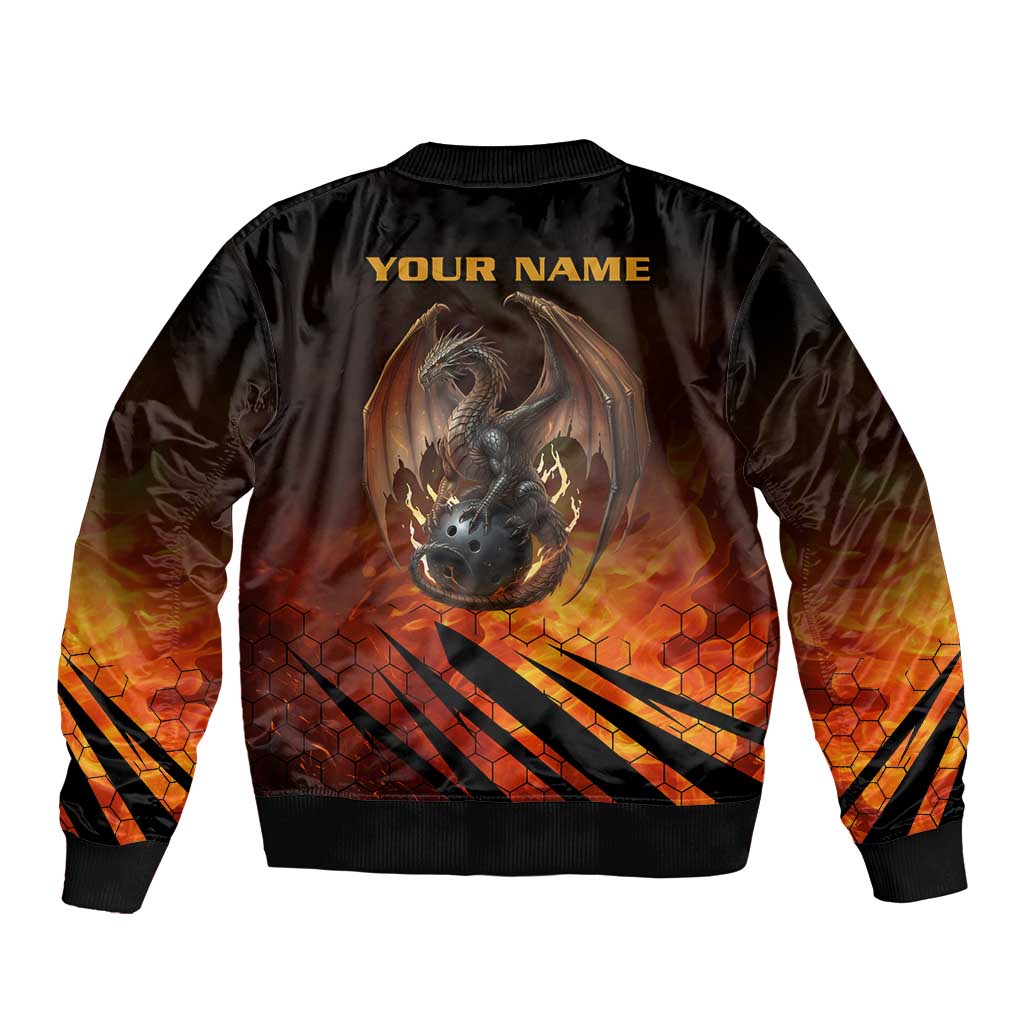 Custom Fiery Dragon Bowling Bomber Jacket with Flaming Ball and Hexagon Flame Pattern - Wonder Print Shop