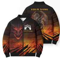 Custom Fiery Dragon Bowling Bomber Puffer Jacket with Flaming Ball and Hexagon Flame Pattern - Wonder Print Shop