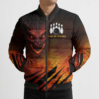 Custom Fiery Dragon Bowling Bomber Puffer Jacket with Flaming Ball and Hexagon Flame Pattern - Wonder Print Shop
