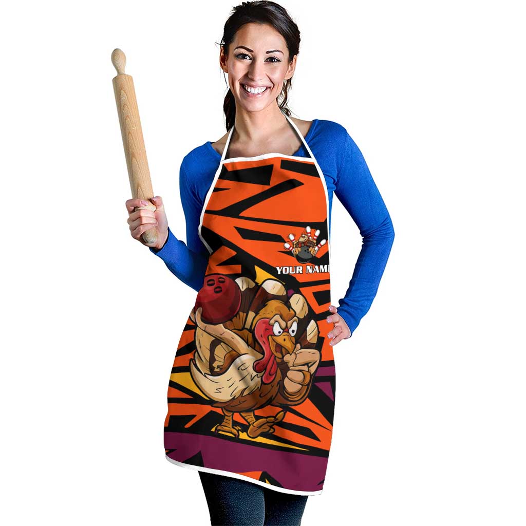 Custom Turkey Bowling Apron with Cartoon Turkey Striker and Orange Geometric Pattern - Wonder Print Shop