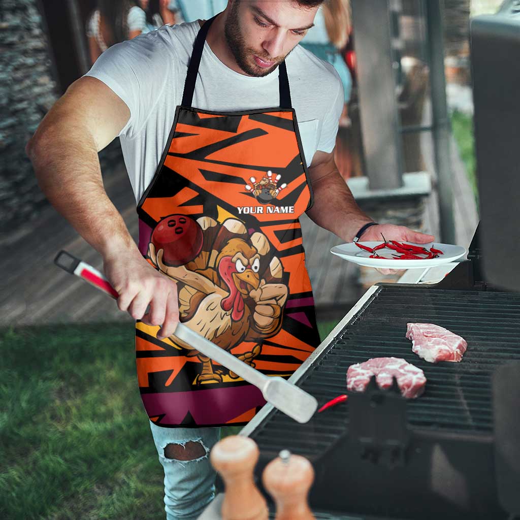 Custom Turkey Bowling Apron with Cartoon Turkey Striker and Orange Geometric Pattern - Wonder Print Shop