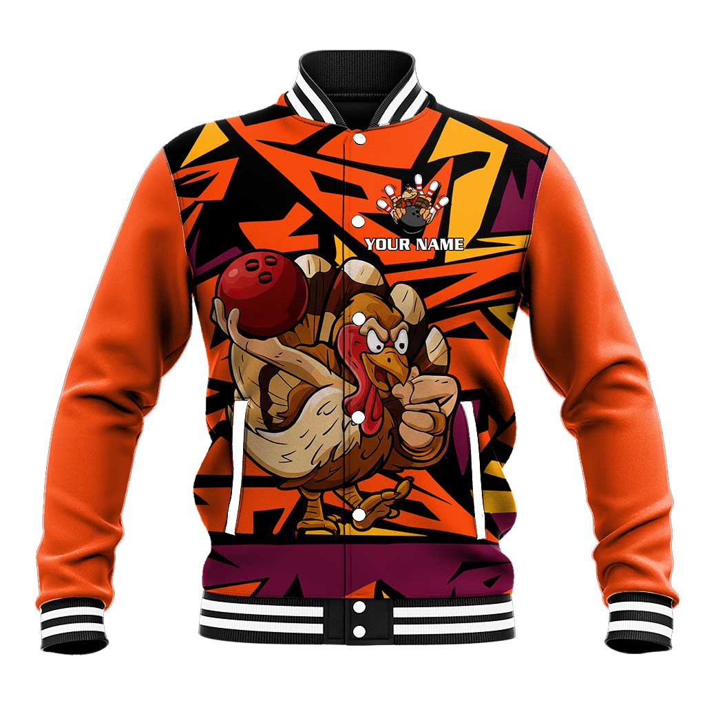 Custom Turkey Bowling Baseball Jacket with Cartoon Turkey Striker and Orange Geometric Pattern - Wonder Print Shop