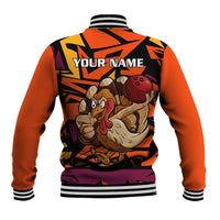 Custom Turkey Bowling Baseball Jacket with Cartoon Turkey Striker and Orange Geometric Pattern - Wonder Print Shop