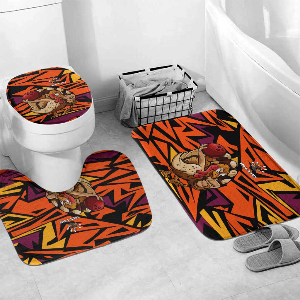 Custom Turkey Bowling Bathroom Set with Cartoon Turkey Striker and Orange Geometric Pattern - Wonder Print Shop