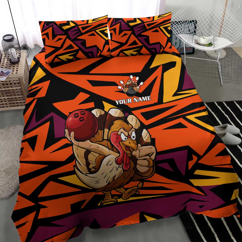 Custom Turkey Bowling Bedding Set with Cartoon Turkey Striker and Orange Geometric Pattern - Wonder Print Shop