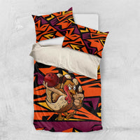 Custom Turkey Bowling Bedding Set with Cartoon Turkey Striker and Orange Geometric Pattern - Wonder Print Shop