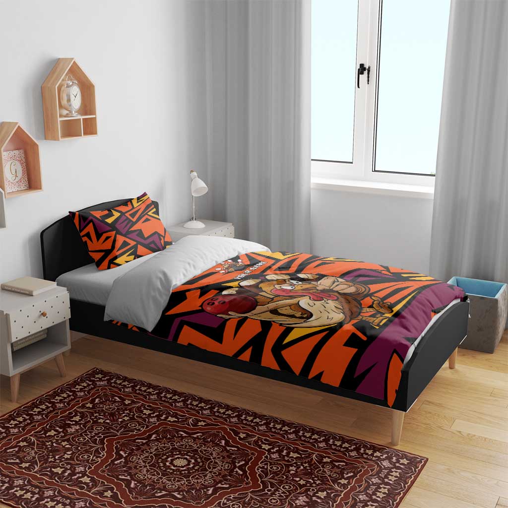 Custom Turkey Bowling Bedding Set with Cartoon Turkey Striker and Orange Geometric Pattern - Wonder Print Shop