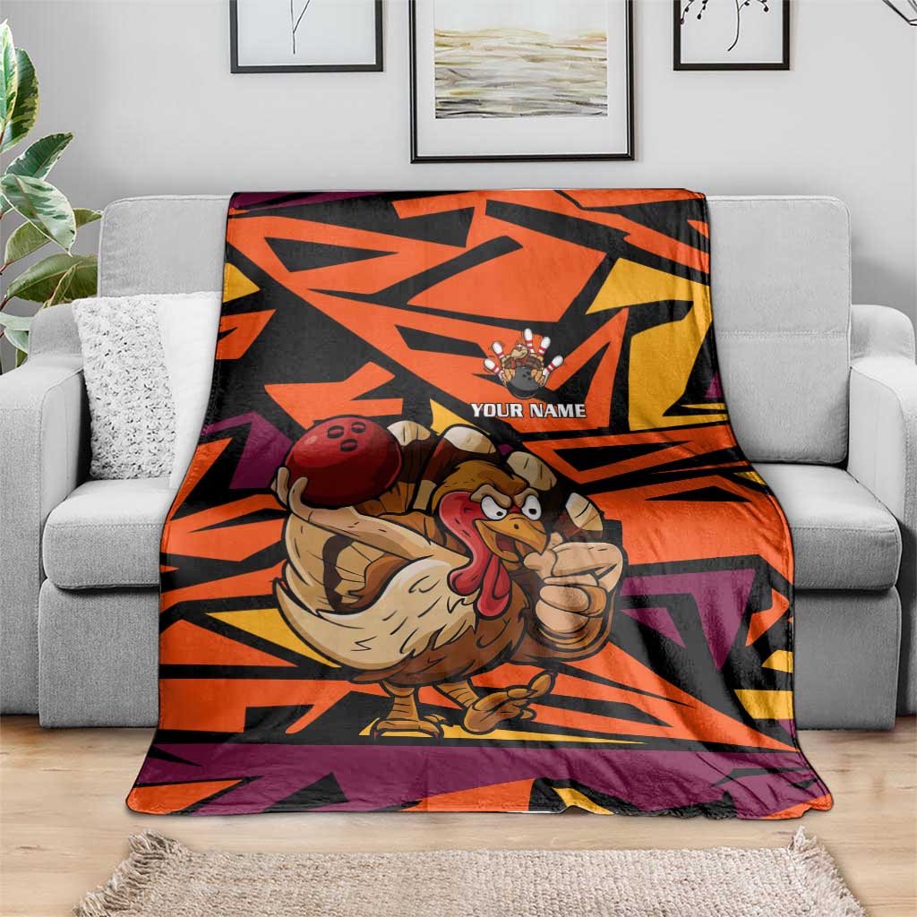 Custom Turkey Bowling Blanket with Cartoon Turkey Striker and Orange Geometric Pattern - Wonder Print Shop
