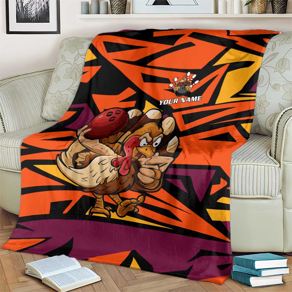 Custom Turkey Bowling Blanket with Cartoon Turkey Striker and Orange Geometric Pattern - Wonder Print Shop