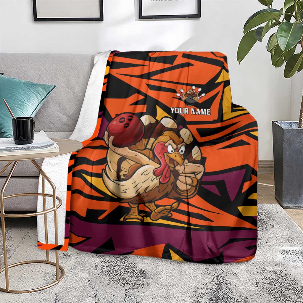 Custom Turkey Bowling Blanket with Cartoon Turkey Striker and Orange Geometric Pattern - Wonder Print Shop