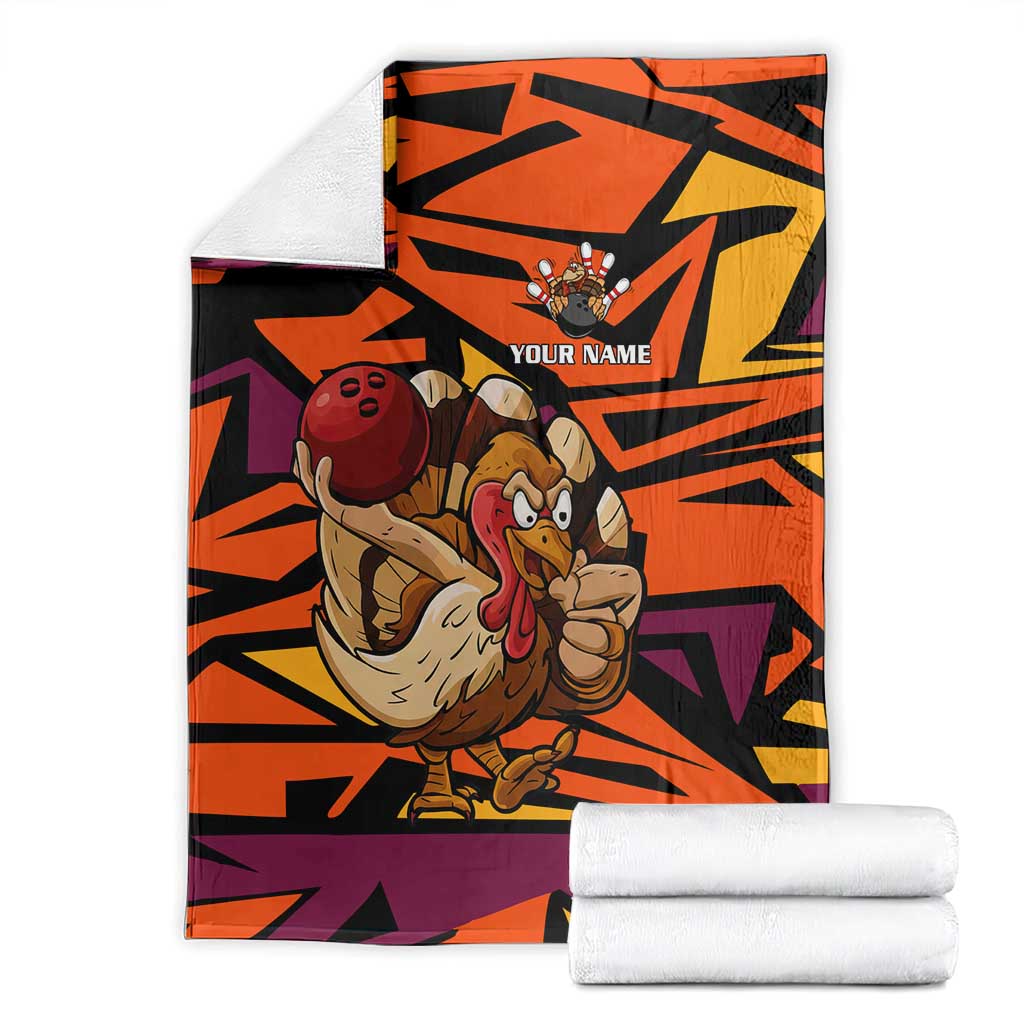 Custom Turkey Bowling Blanket with Cartoon Turkey Striker and Orange Geometric Pattern - Wonder Print Shop