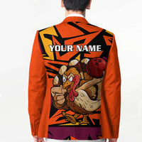 Custom Turkey Bowling Blazer with Cartoon Turkey Striker and Orange Geometric Pattern - Wonder Print Shop