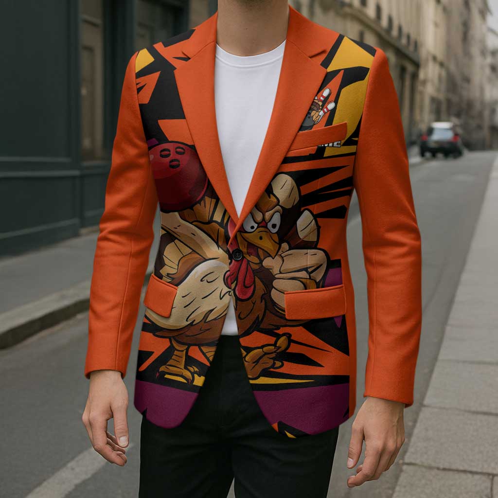 Custom Turkey Bowling Blazer with Cartoon Turkey Striker and Orange Geometric Pattern - Wonder Print Shop