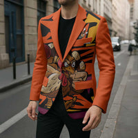 Custom Turkey Bowling Blazer with Cartoon Turkey Striker and Orange Geometric Pattern - Wonder Print Shop