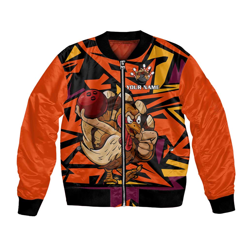 Custom Turkey Bowling Bomber Jacket with Cartoon Turkey Striker and Orange Geometric Pattern - Wonder Print Shop