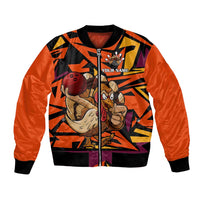 Custom Turkey Bowling Bomber Jacket with Cartoon Turkey Striker and Orange Geometric Pattern - Wonder Print Shop
