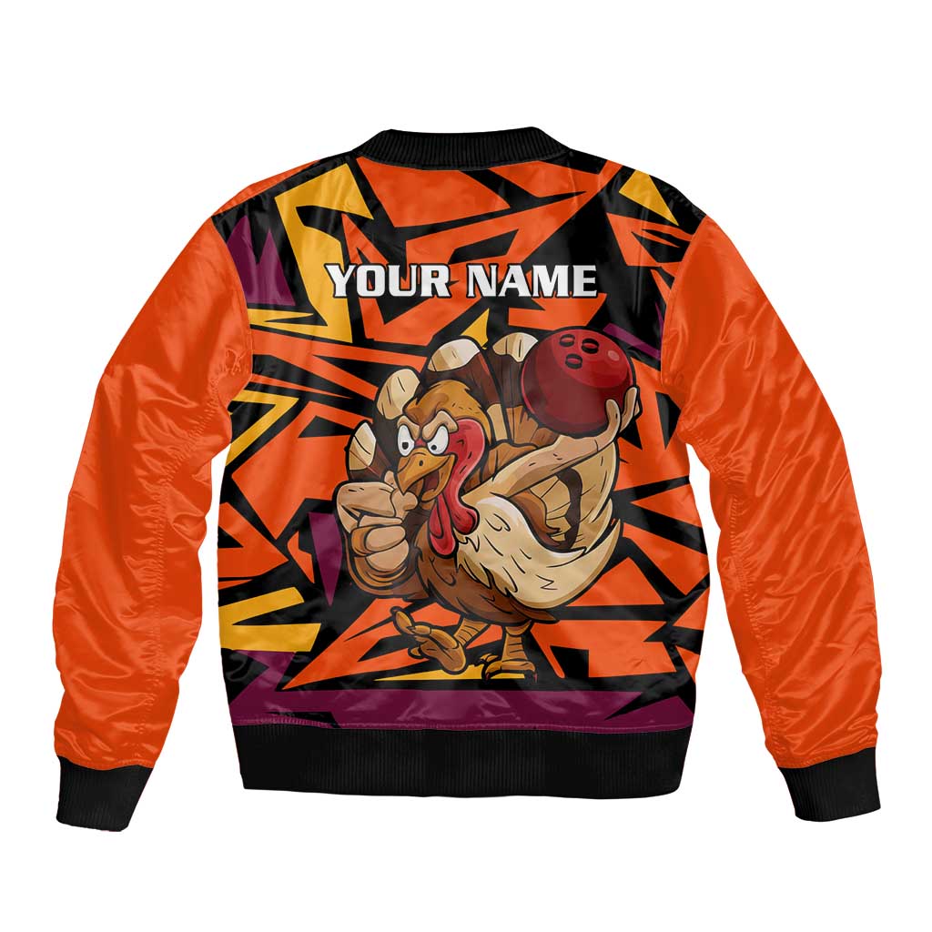 Custom Turkey Bowling Bomber Jacket with Cartoon Turkey Striker and Orange Geometric Pattern - Wonder Print Shop