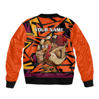 Custom Turkey Bowling Bomber Jacket with Cartoon Turkey Striker and Orange Geometric Pattern - Wonder Print Shop