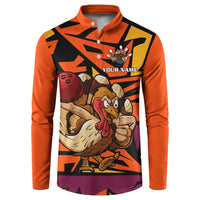Custom Turkey Bowling Button Sweatshirt with Cartoon Turkey Striker and Orange Geometric Pattern - Wonder Print Shop