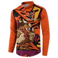 Custom Turkey Bowling Button Sweatshirt with Cartoon Turkey Striker and Orange Geometric Pattern - Wonder Print Shop