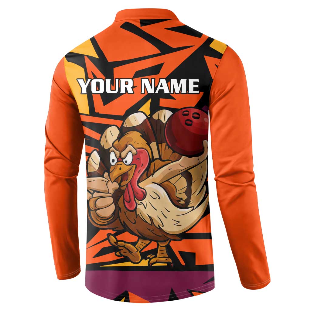 Custom Turkey Bowling Button Sweatshirt with Cartoon Turkey Striker and Orange Geometric Pattern - Wonder Print Shop