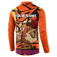 Custom Turkey Bowling Button Sweatshirt with Cartoon Turkey Striker and Orange Geometric Pattern - Wonder Print Shop