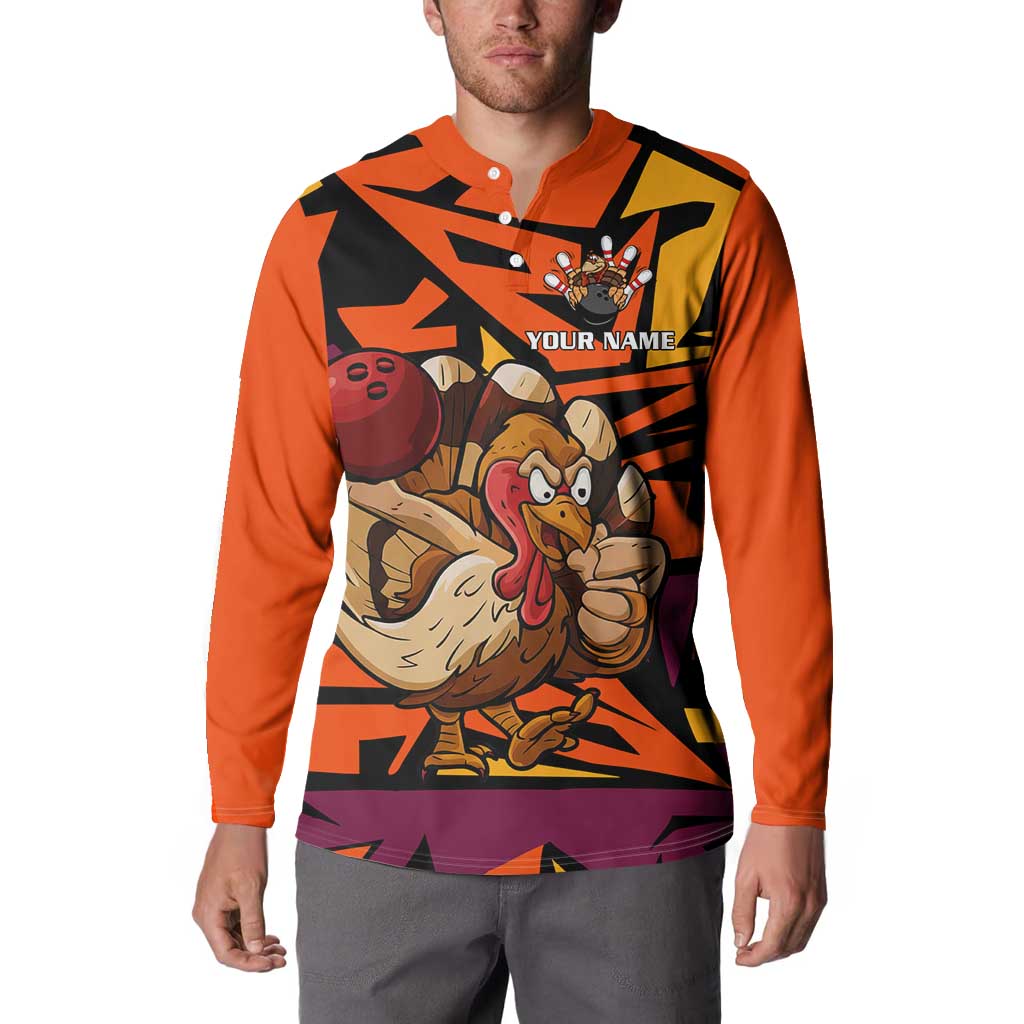 Custom Turkey Bowling Button Sweatshirt with Cartoon Turkey Striker and Orange Geometric Pattern - Wonder Print Shop