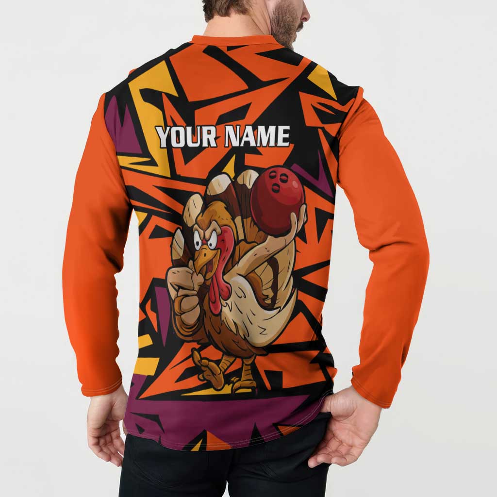 Custom Turkey Bowling Button Sweatshirt with Cartoon Turkey Striker and Orange Geometric Pattern - Wonder Print Shop