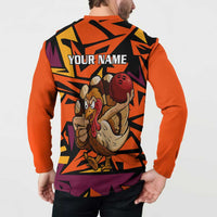 Custom Turkey Bowling Button Sweatshirt with Cartoon Turkey Striker and Orange Geometric Pattern - Wonder Print Shop