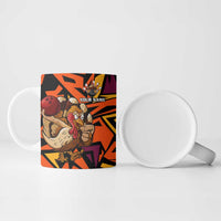 Custom Turkey Bowling Ceramic Mug with Cartoon Turkey Striker and Orange Geometric Pattern - Wonder Print Shop