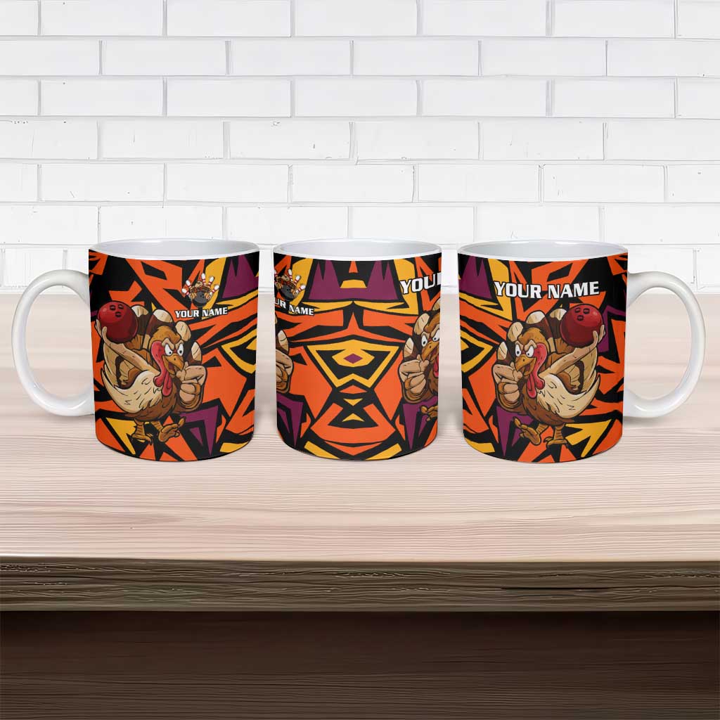 Custom Turkey Bowling Ceramic Mug with Cartoon Turkey Striker and Orange Geometric Pattern - Wonder Print Shop