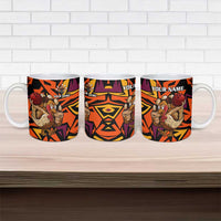 Custom Turkey Bowling Ceramic Mug with Cartoon Turkey Striker and Orange Geometric Pattern - Wonder Print Shop